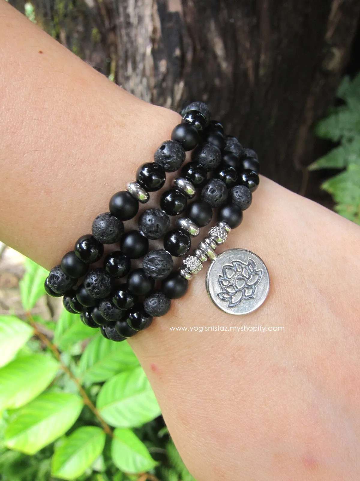 108 Bead Mala Bracelet, Black Onyx, Black Lava, Lotus Mala Necklace for Him/Her