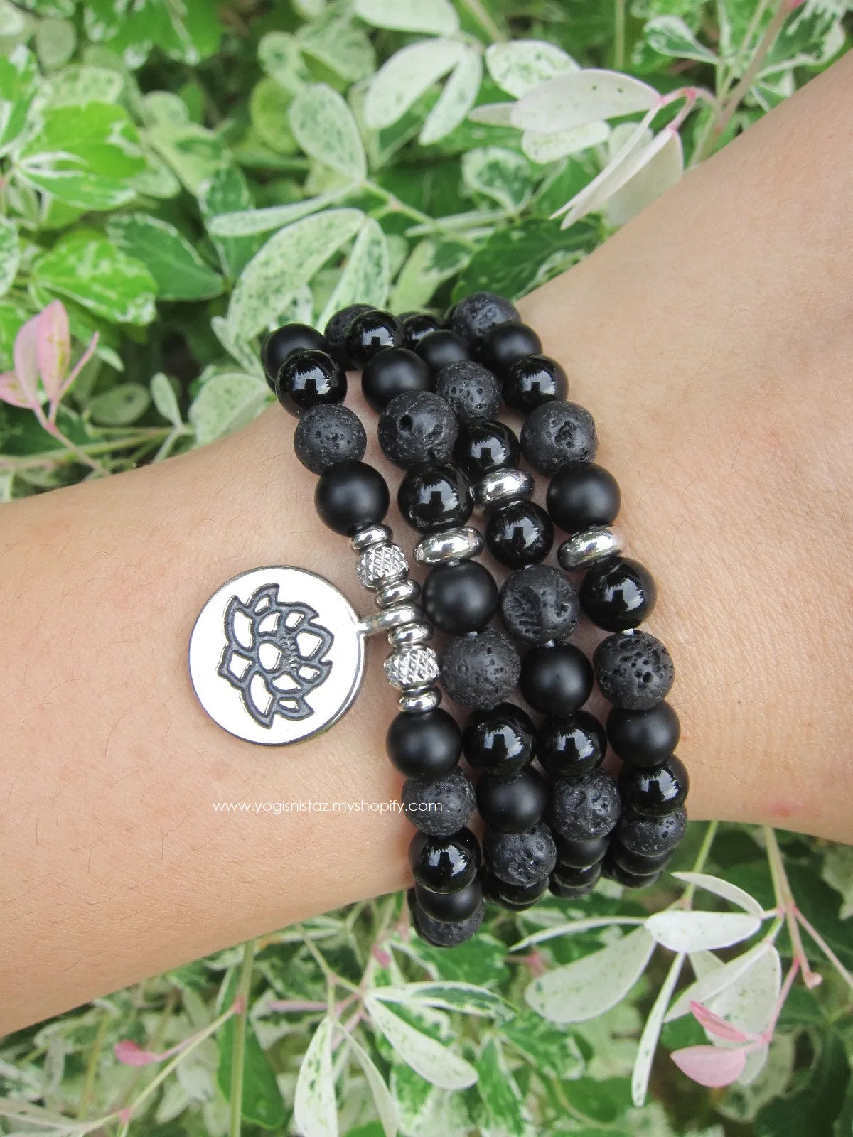 108 Bead Mala Bracelet, Black Onyx, Black Lava, Lotus Mala Necklace for Him/Her