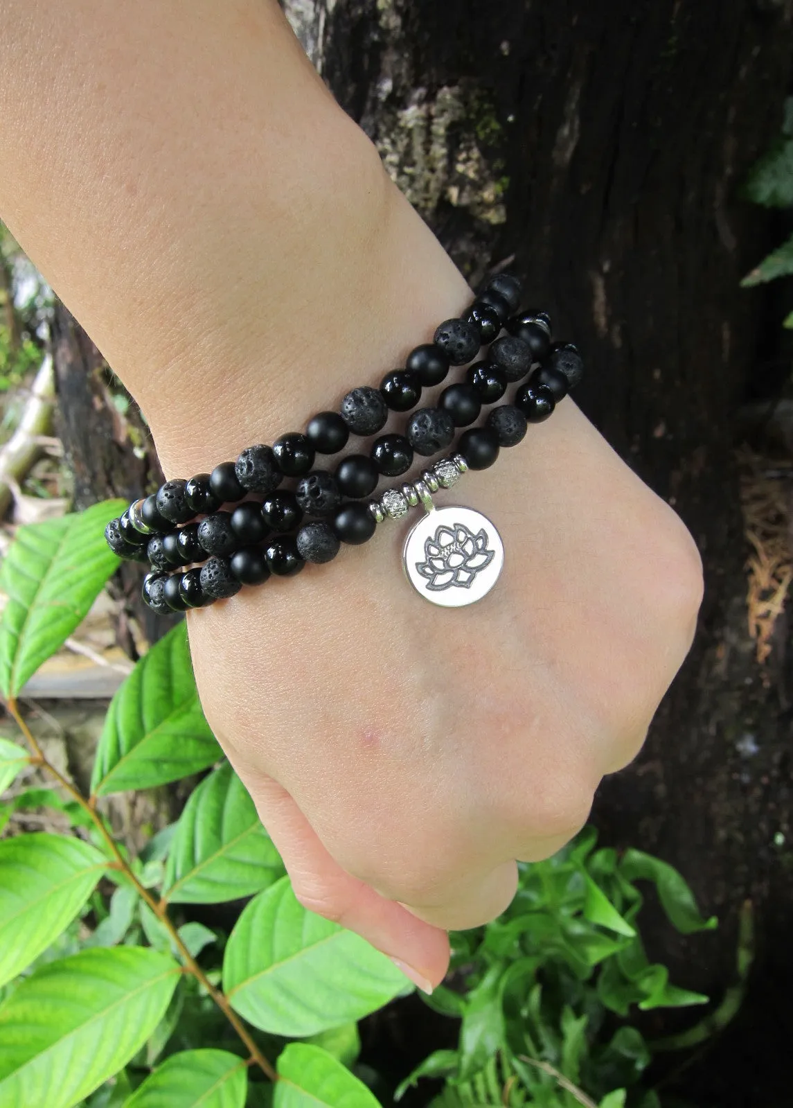 108 Bead Mala Bracelet, Black Onyx, Black Lava, Lotus Mala Necklace for Him/Her