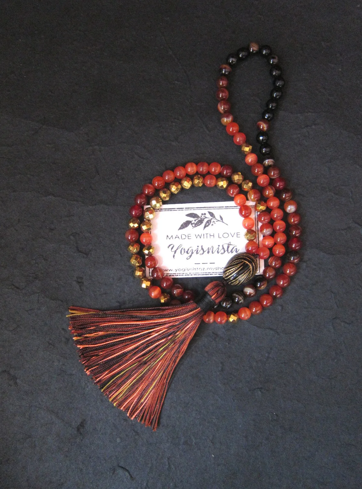 108 Beads in Bright Red Orange Cats Eye, Red Orange Carnelian Tassel Necklace