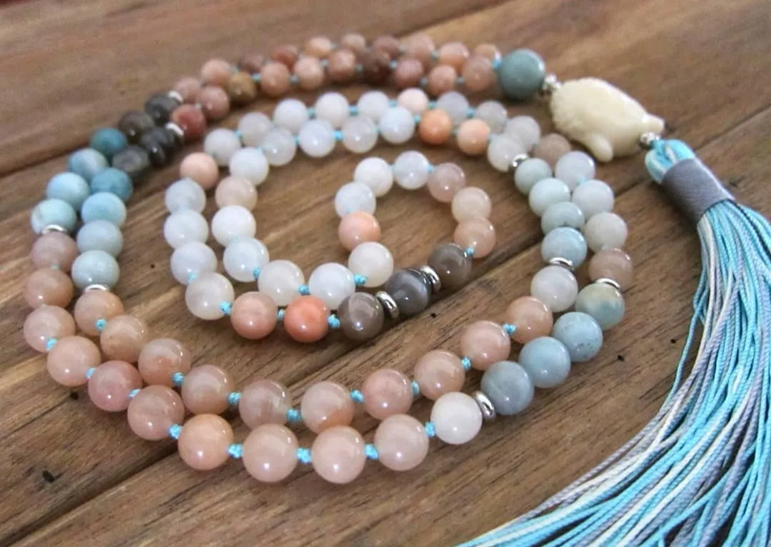 108 Buddha Mala Beaded Necklace in Sunstone, Moonstone, Amazonite and Aventurine