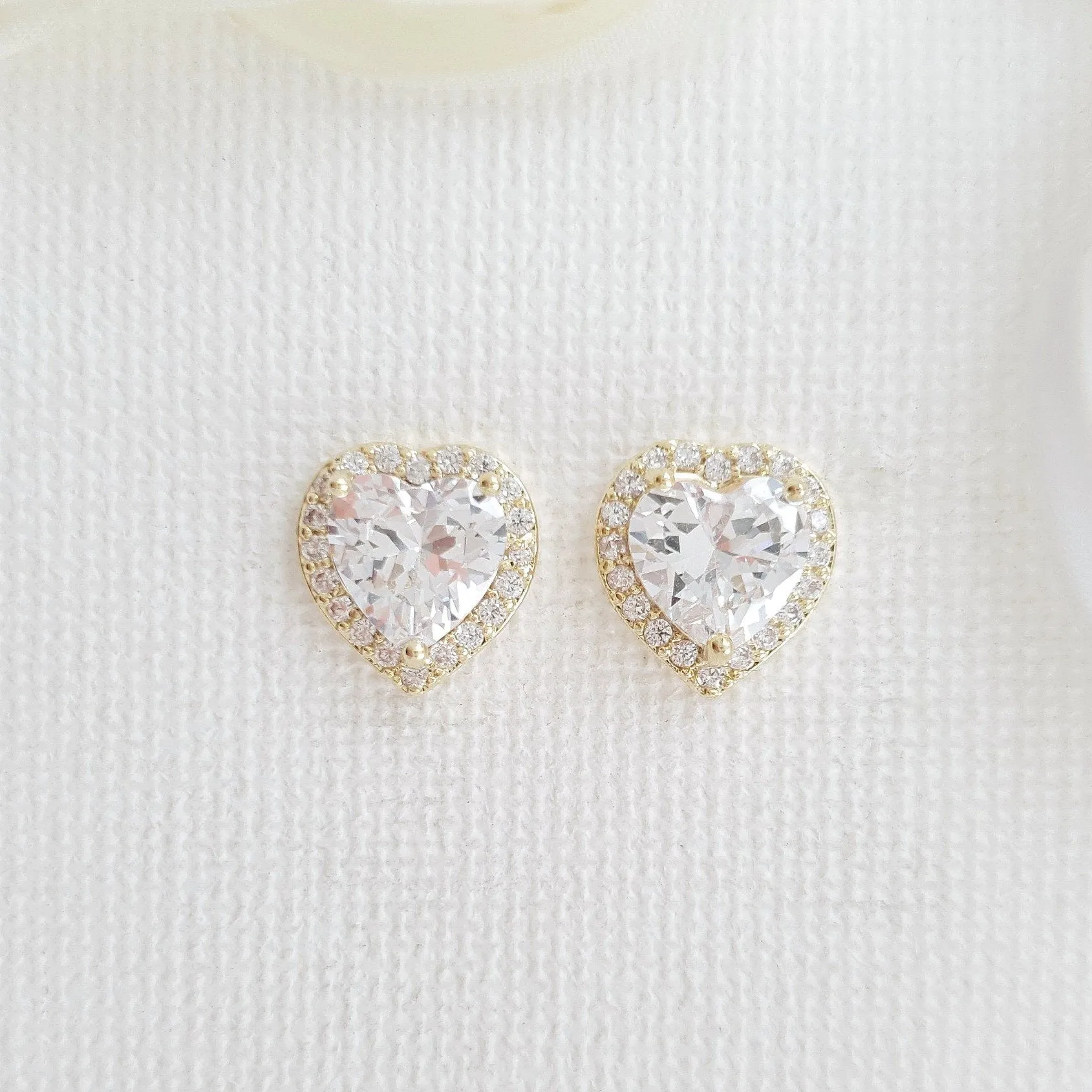 14K Gold Cubic Zirconia Heart Earrings Studs -Diana