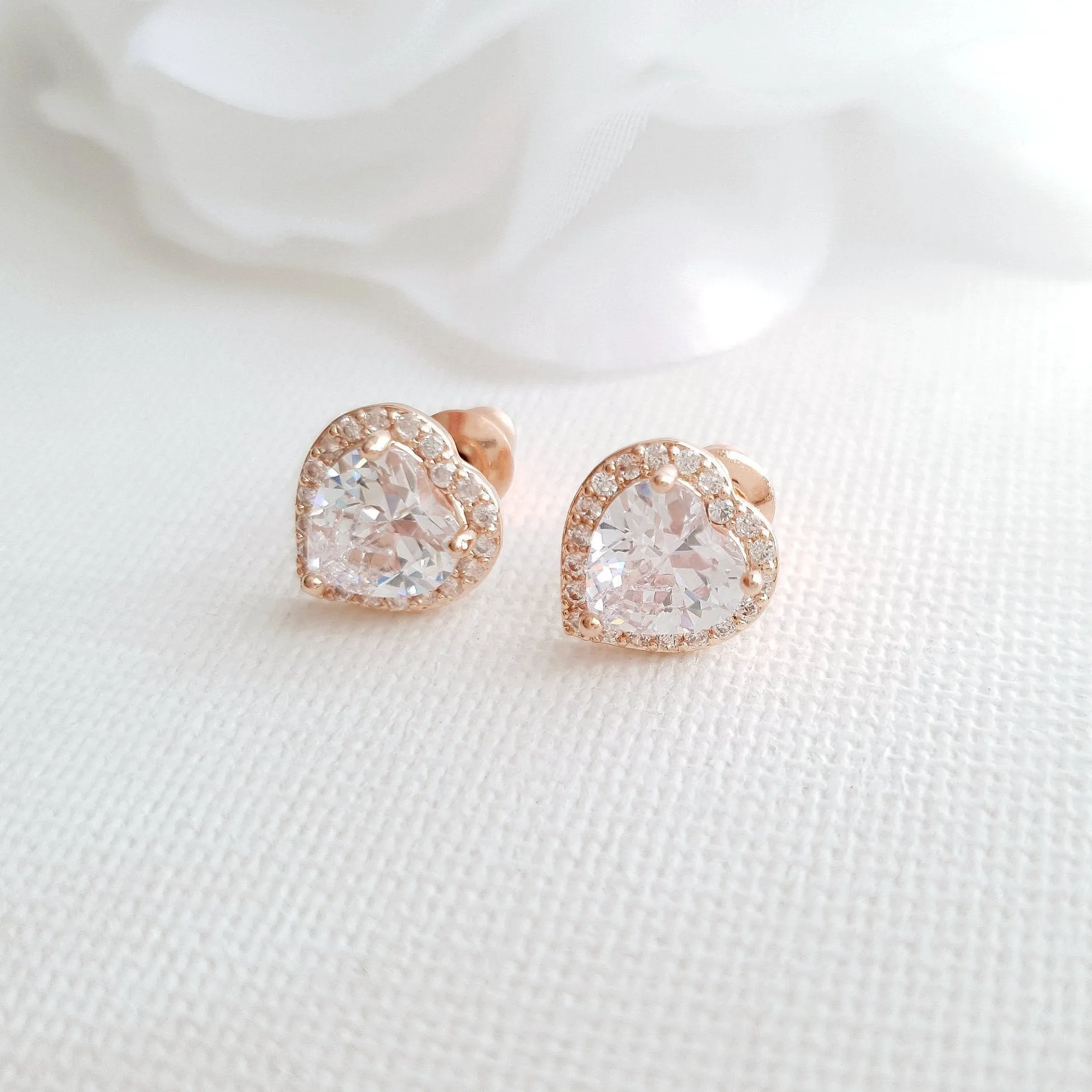 14K Gold Cubic Zirconia Heart Earrings Studs -Diana