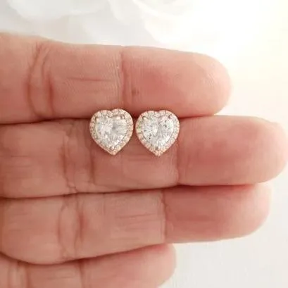 14K Gold Cubic Zirconia Heart Earrings Studs -Diana