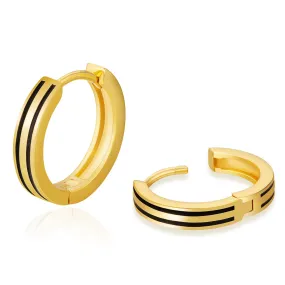 15mm Sleek Black Stripe Hoop Earrings for Men