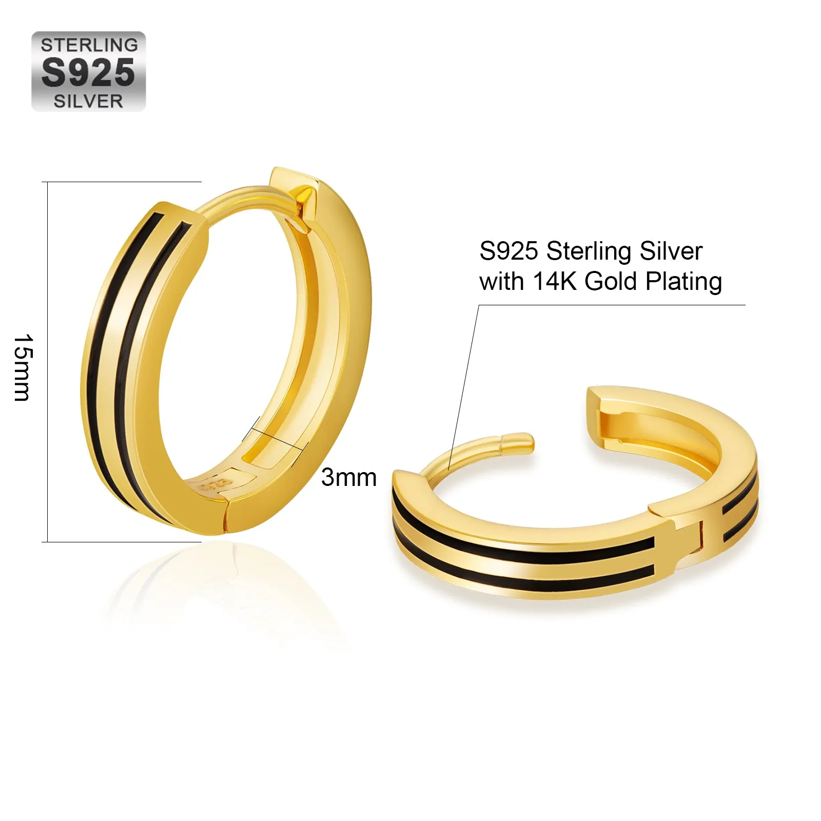 15mm Sleek Black Stripe Hoop Earrings for Men