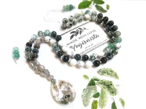 Abundance and Good Luck - Green Bloodstone, Tree Agate, Ocean Jasper Pendant Mala Necklace