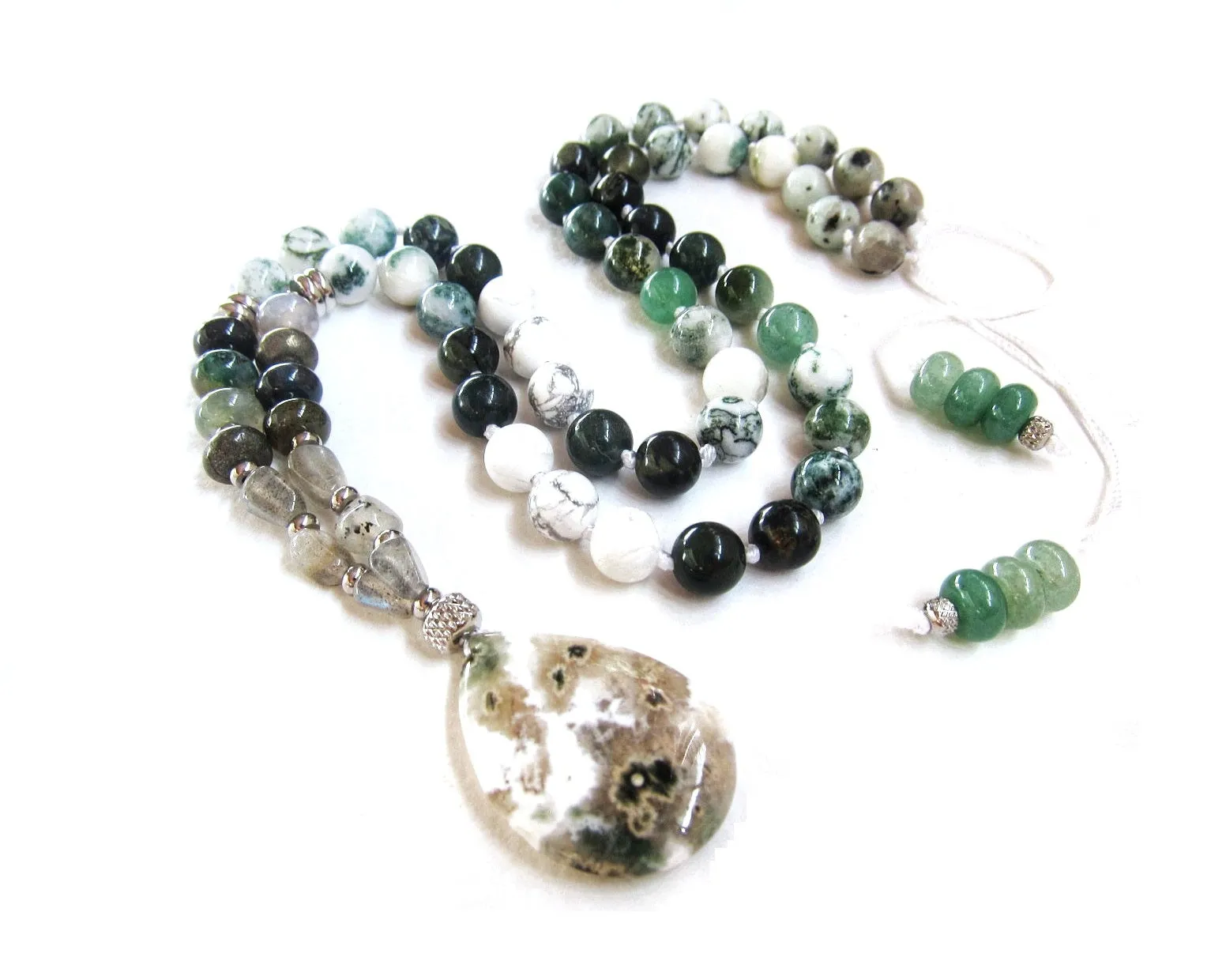 Abundance and Good Luck - Green Bloodstone, Tree Agate, Ocean Jasper Pendant Mala Necklace