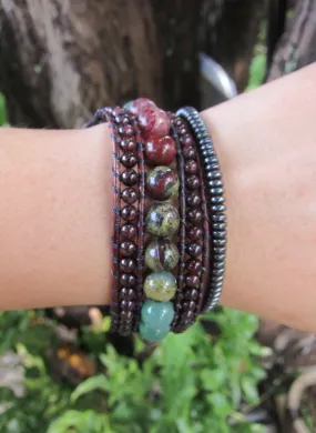 African Bloodstone, Red Garnet, Strawberry Quartz, Aventurine in 3 Row Cuff Bracelet