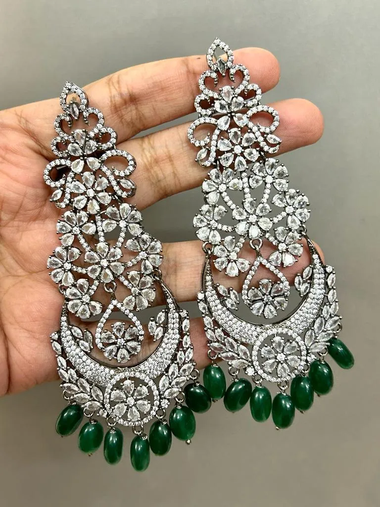 Anarkali Green , Zircon Diamond Long earrings in  Victorian Black finish With Green Beads Hanging with back clip support-SANDY001