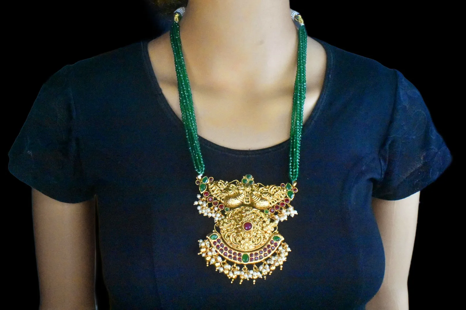 Antique Peacock Pendant With Emerald Beads Necklace By Asp Fashion Jewellery