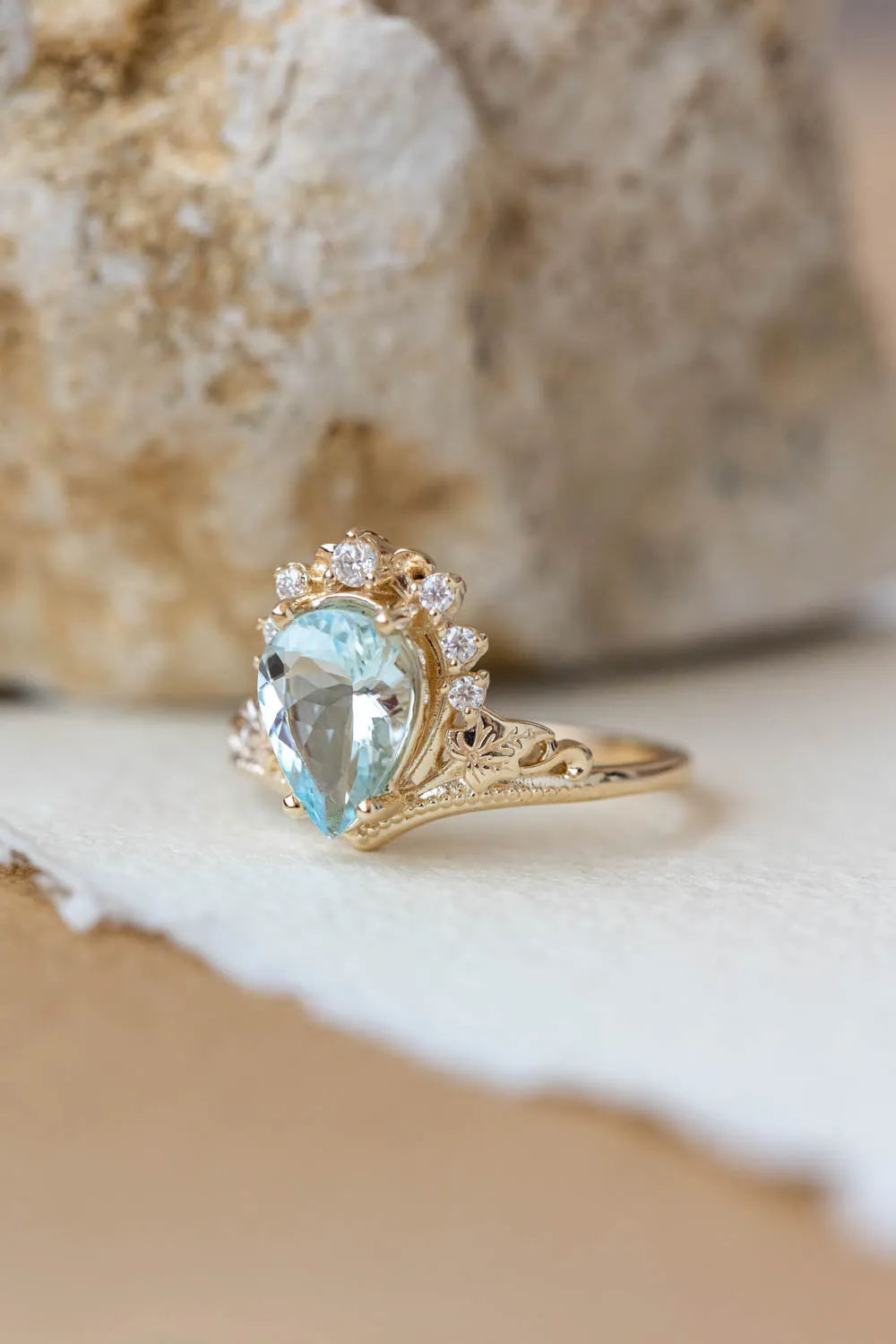 Aquamarine engagement ring, yellow gold proposal ring with diamond crown / Ariadne