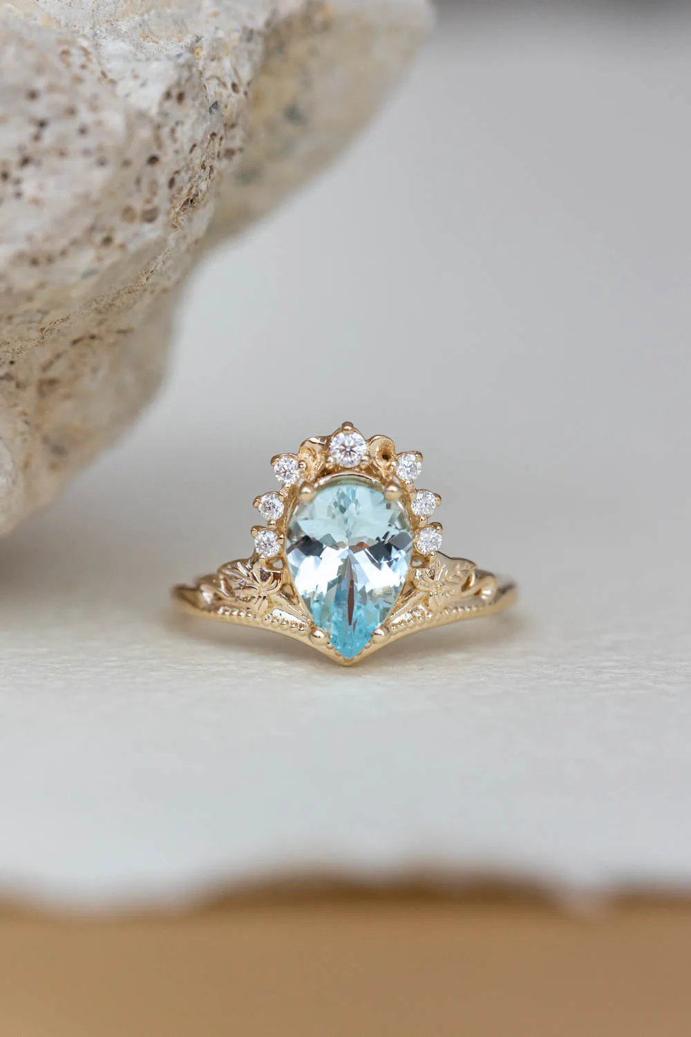 Aquamarine engagement ring, yellow gold proposal ring with diamond crown / Ariadne