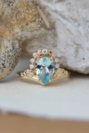 Aquamarine engagement ring, yellow gold proposal ring with diamond crown / Ariadne