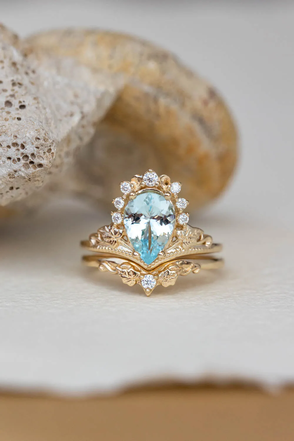 Aquamarine engagement ring, yellow gold proposal ring with diamond crown / Ariadne