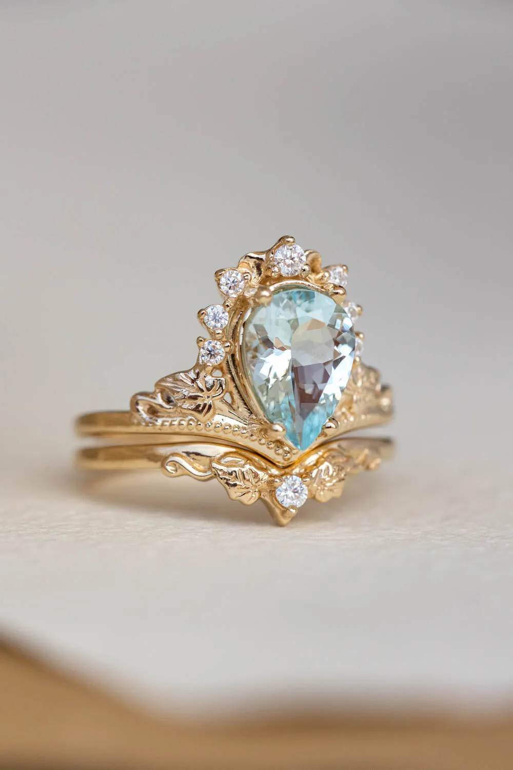 Aquamarine engagement ring, yellow gold proposal ring with diamond crown / Ariadne