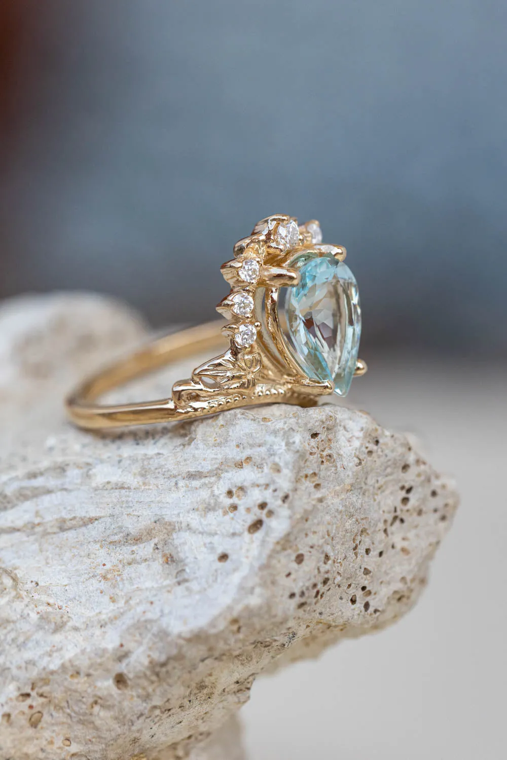 Aquamarine engagement ring, yellow gold proposal ring with diamond crown / Ariadne