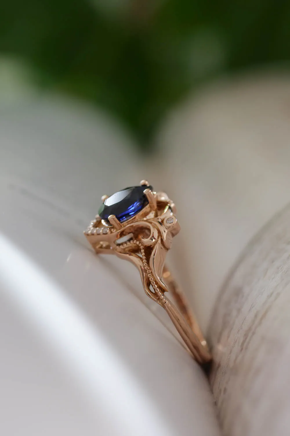 Art nouveau bridal ring set with lab sapphire / Lida small