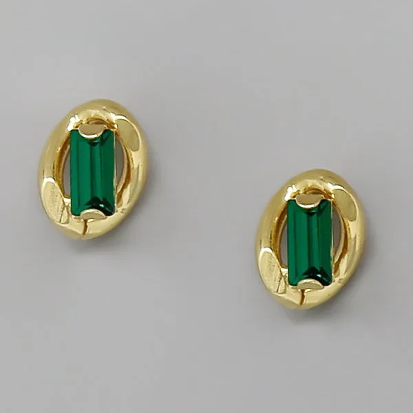 Baguette Stone Metal Link Stud Earrings