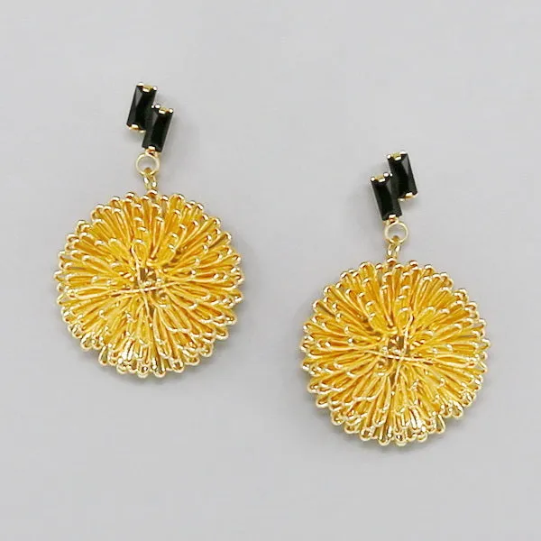 Baguette Stone Metal Wire Pom Dangle Earrings