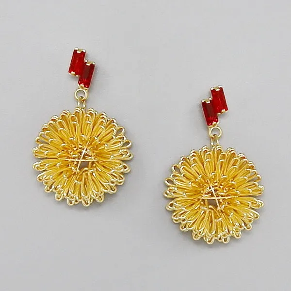 Baguette Stone Metal Wire Pom Dangle Earrings