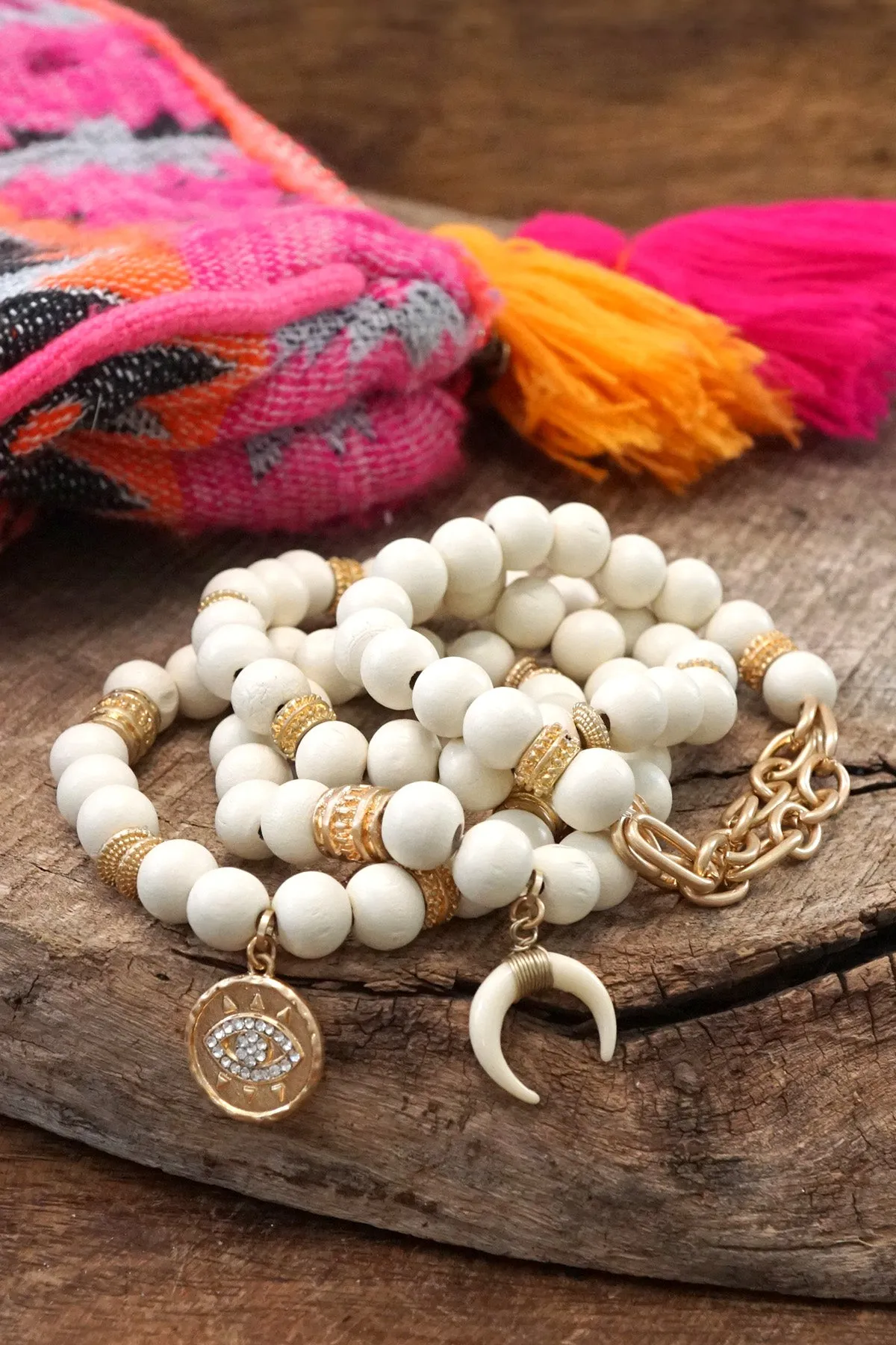 Beaded Boho Bracelets set of 4 with Gold Coin Cream wooden Beads and Metal chain