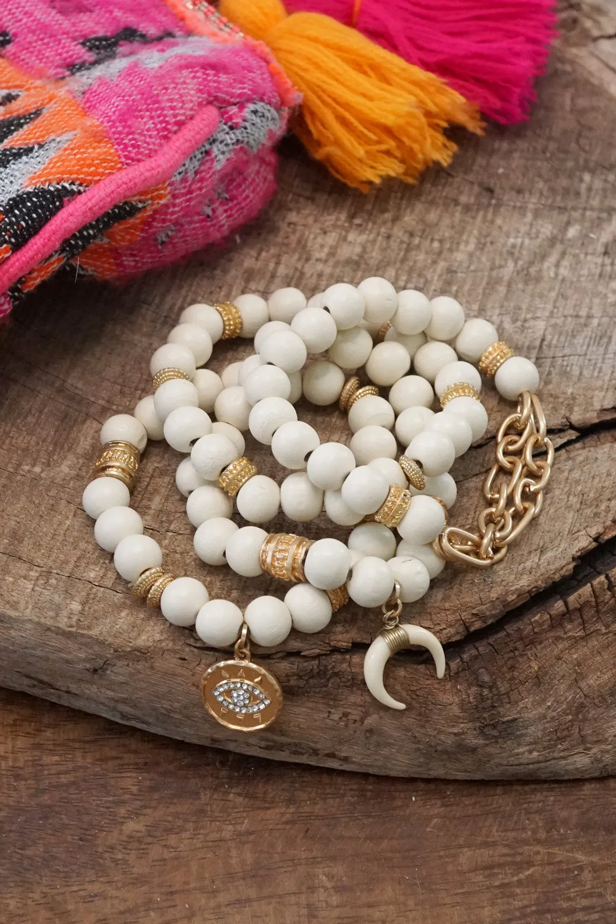 Beaded Boho Bracelets set of 4 with Gold Coin Cream wooden Beads and Metal chain