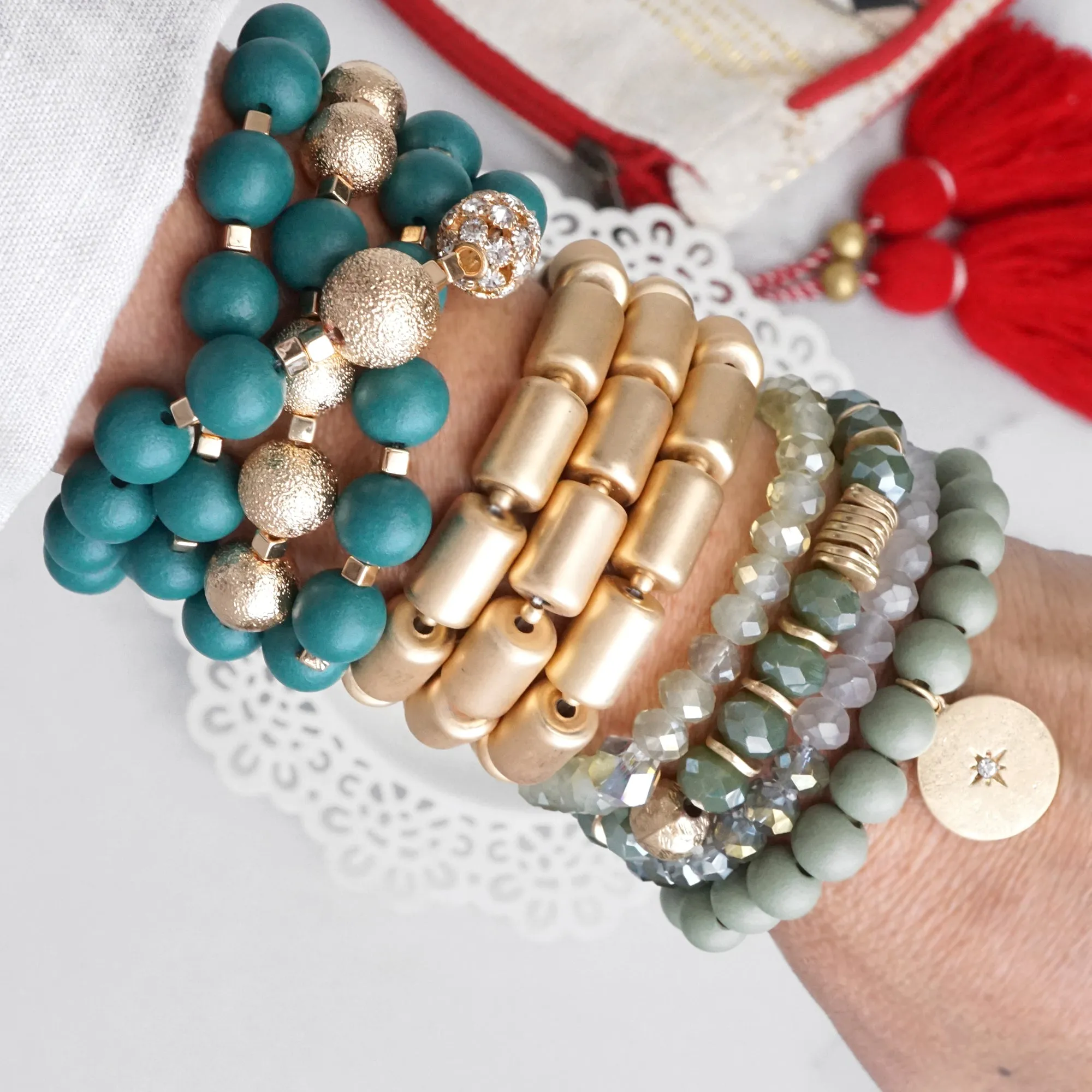 Beaded bracelets set chunky golden beads