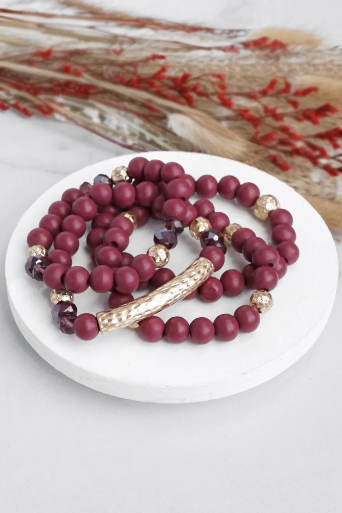 Beaded bracelets set in Wooden Burgundy Red and Gold tube