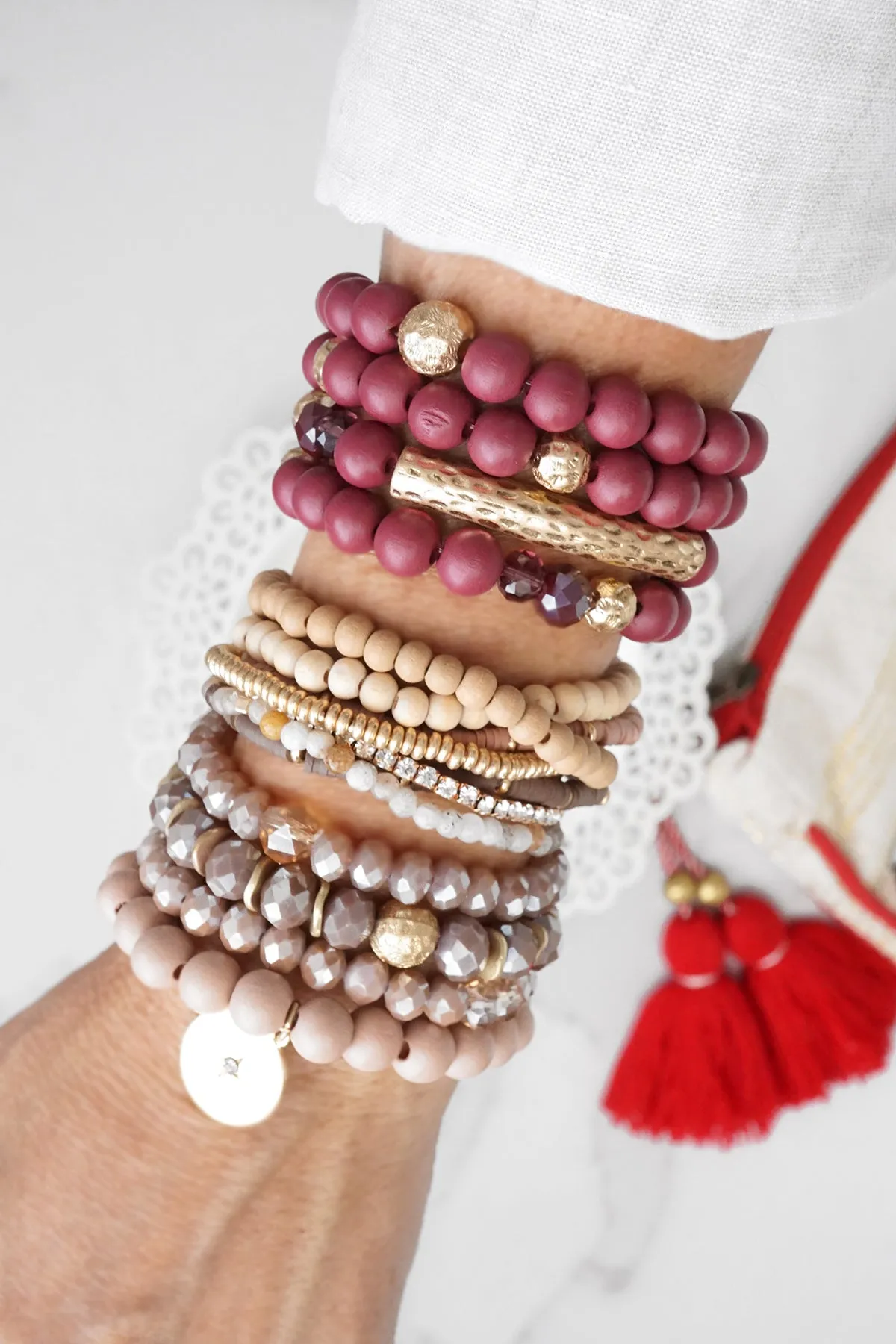 Beaded bracelets set in Wooden Burgundy Red and Gold tube