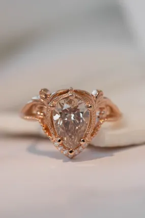 Big pear champagne diamond engagement ring, vintage inspired rose gold statement ring / Lida