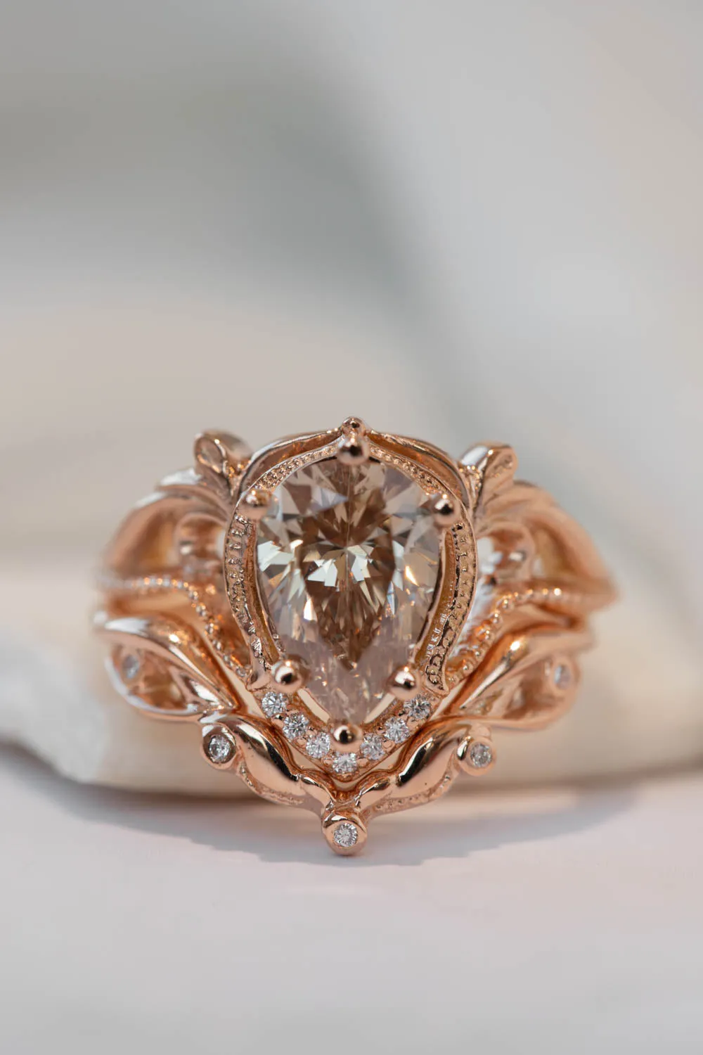 Big pear champagne diamond engagement ring, vintage inspired rose gold statement ring / Lida