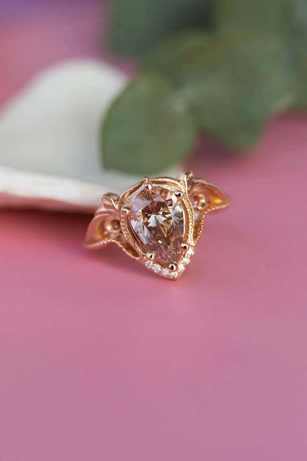 Big pear champagne diamond engagement ring, vintage inspired rose gold statement ring / Lida