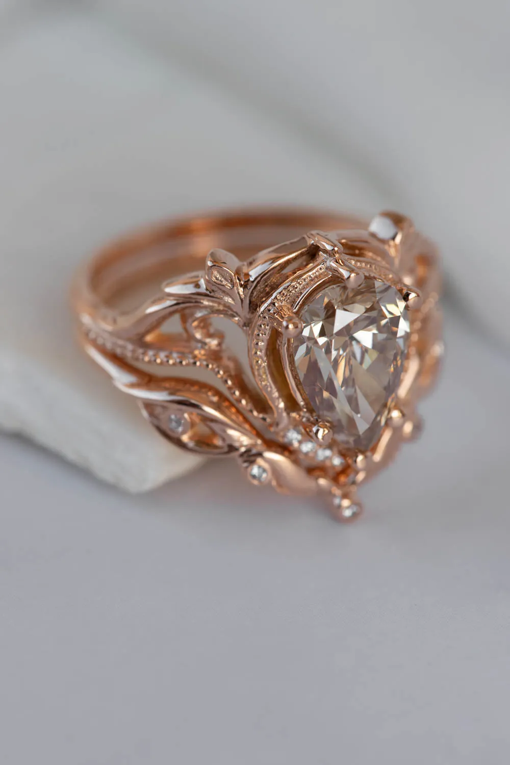 Big pear champagne diamond engagement ring, vintage inspired rose gold statement ring / Lida