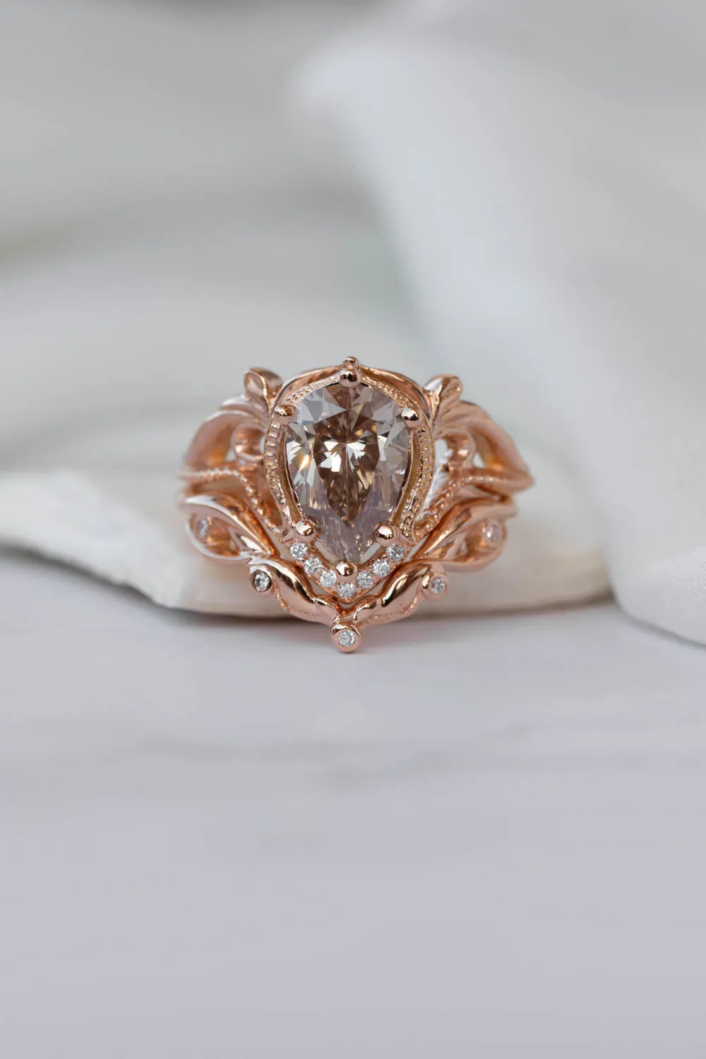 Big pear champagne diamond engagement ring, vintage inspired rose gold statement ring / Lida