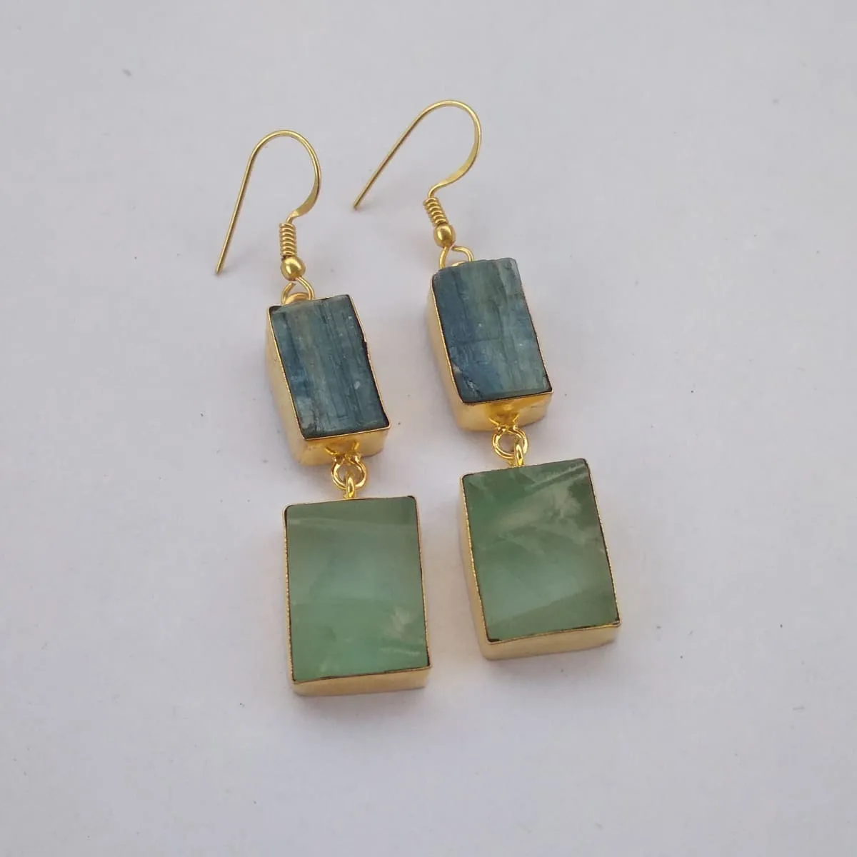 Blue Kyanite And Fluorite Dual Stone Dangle Earrings