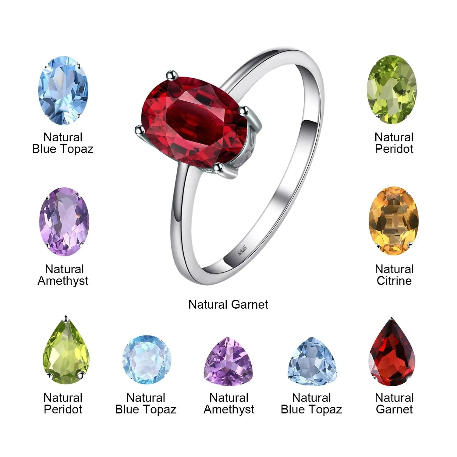 BRCJ609 Finger Ring Charm Jewelry - Genuine Garnet  Amethyst Citrine Peridot Topaz - 925 Sterling Silver