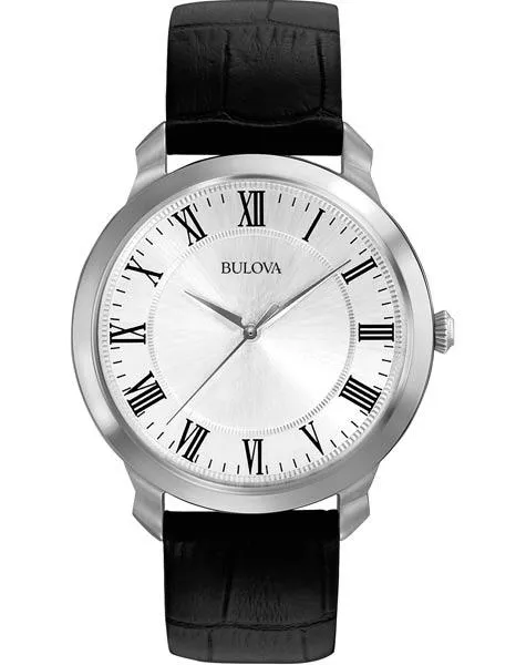 Bulova Mens Dress Watch - Stainless Steel - Black Leather Strap - Silver Dial