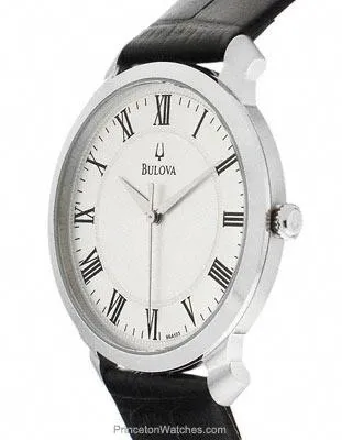 Bulova Mens Dress Watch - Stainless Steel - Black Leather Strap - Silver Dial