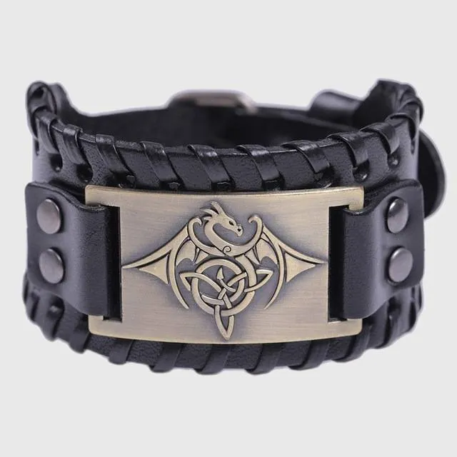 Celtic Wyvern Triquetra Leather Bracelet