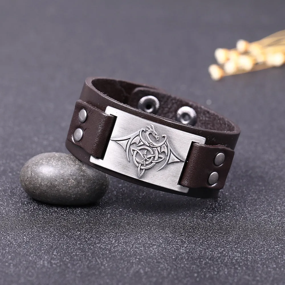 Celtic Wyvern Triquetra Leather Bracelet