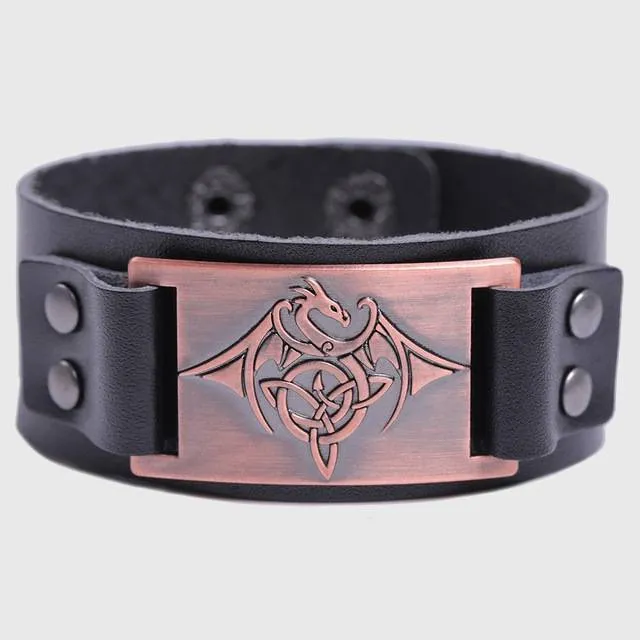 Celtic Wyvern Triquetra Leather Bracelet