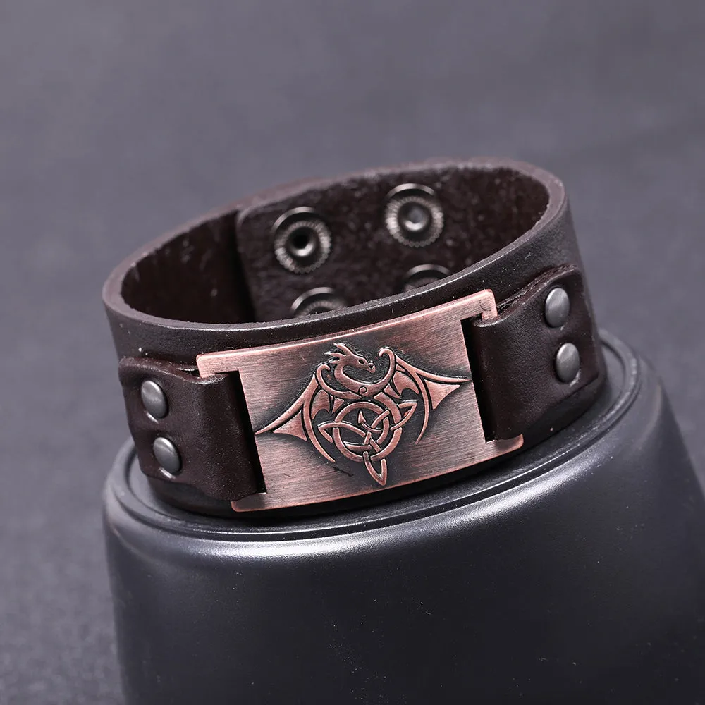 Celtic Wyvern Triquetra Leather Bracelet