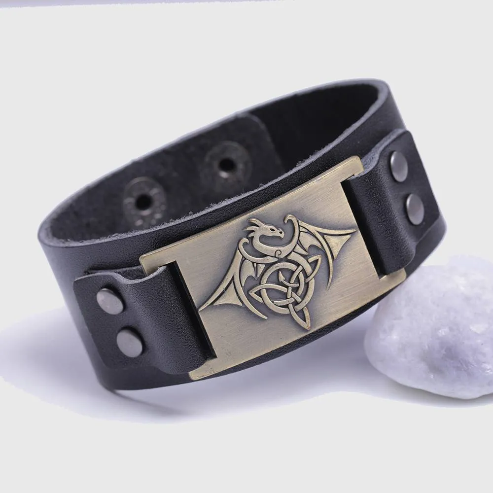 Celtic Wyvern Triquetra Leather Bracelet