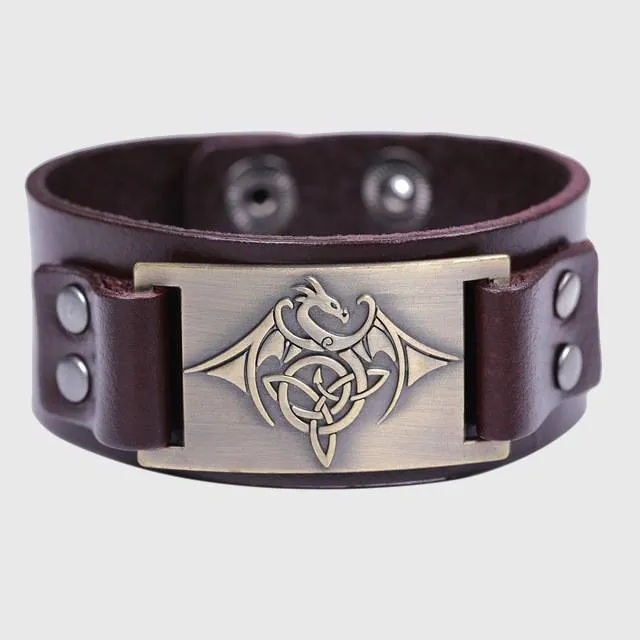 Celtic Wyvern Triquetra Leather Bracelet