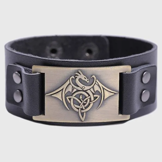 Celtic Wyvern Triquetra Leather Bracelet