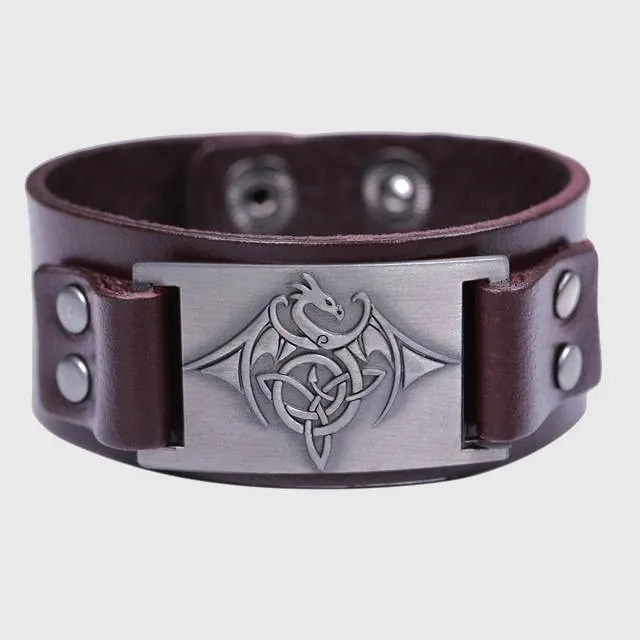 Celtic Wyvern Triquetra Leather Bracelet