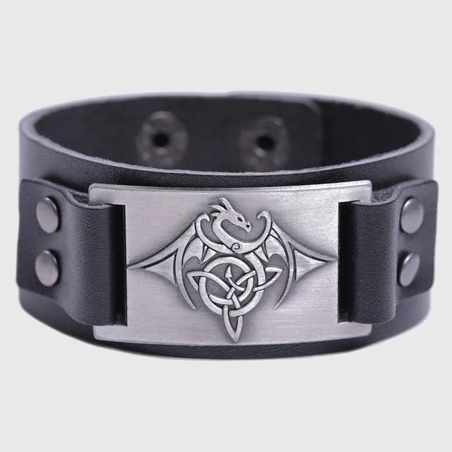 Celtic Wyvern Triquetra Leather Bracelet