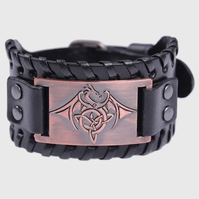 Celtic Wyvern Triquetra Leather Bracelet