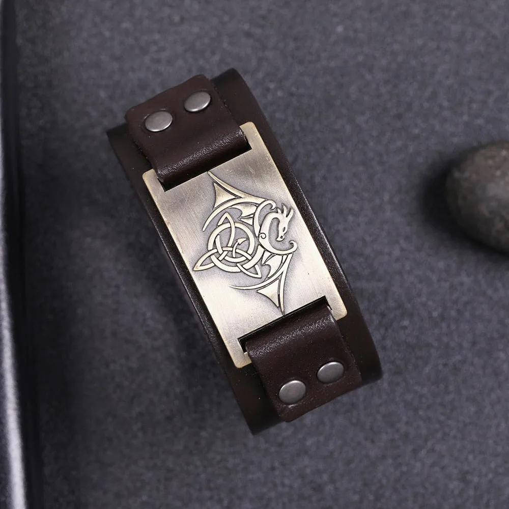 Celtic Wyvern Triquetra Leather Bracelet